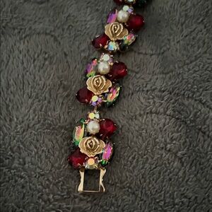 Vintage Gold and Red Rose Bracelet with Purple & Pearl Accents
